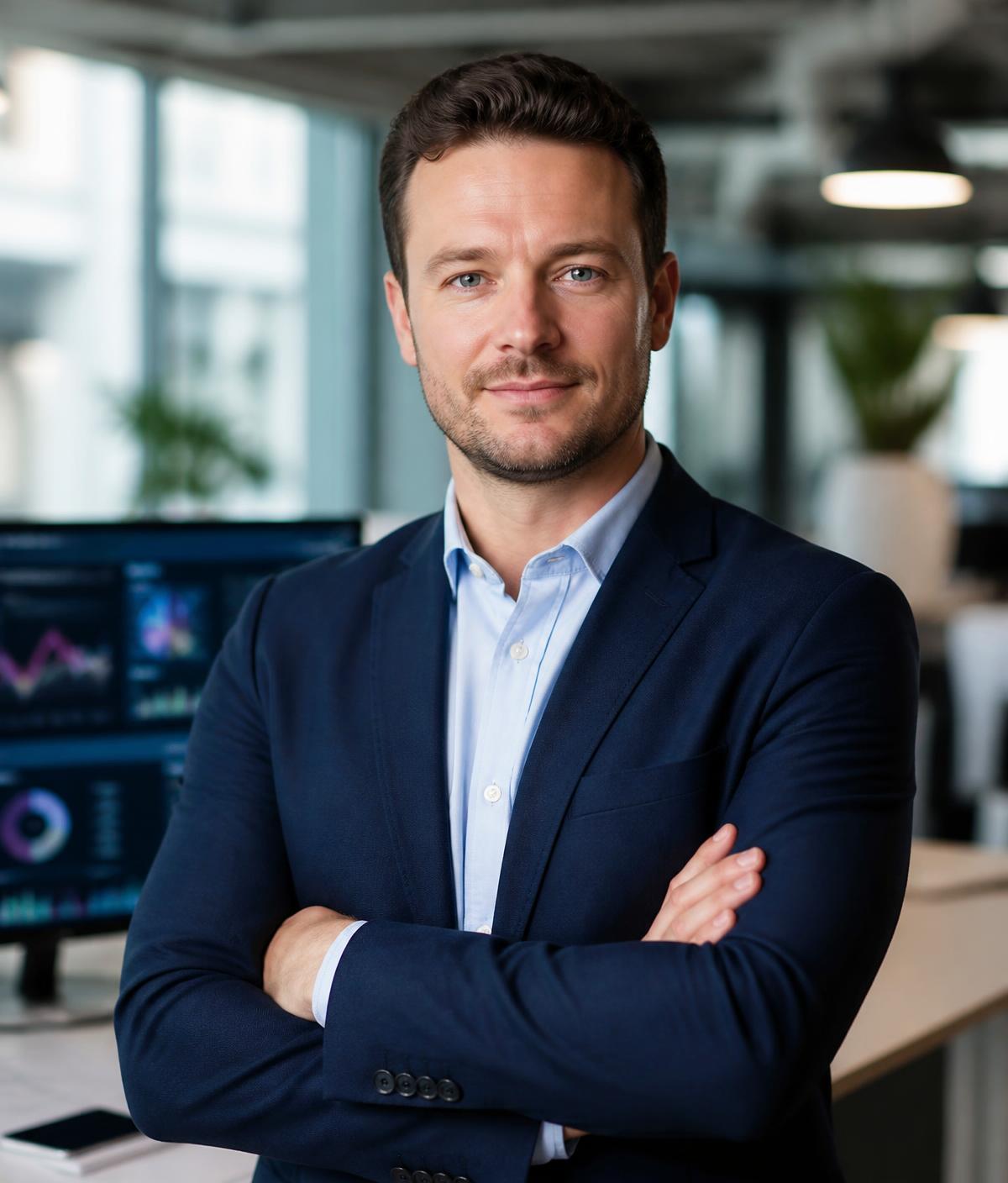 Daniel Carter, social media and ads manager, in a modern marketing office